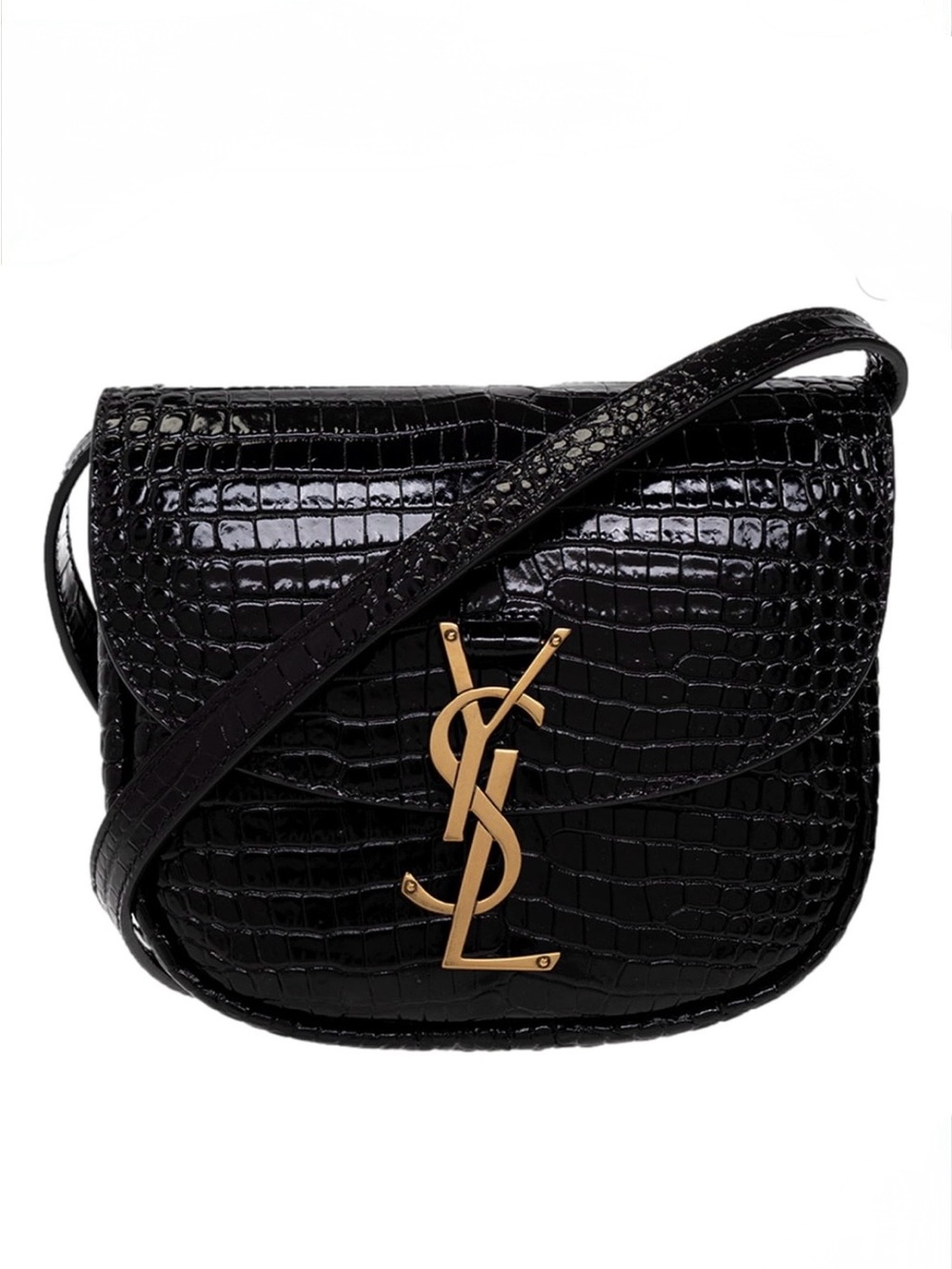 Saint Laurent Black Croc-Embossed YSL Saddle Crossbody with Gold Logo